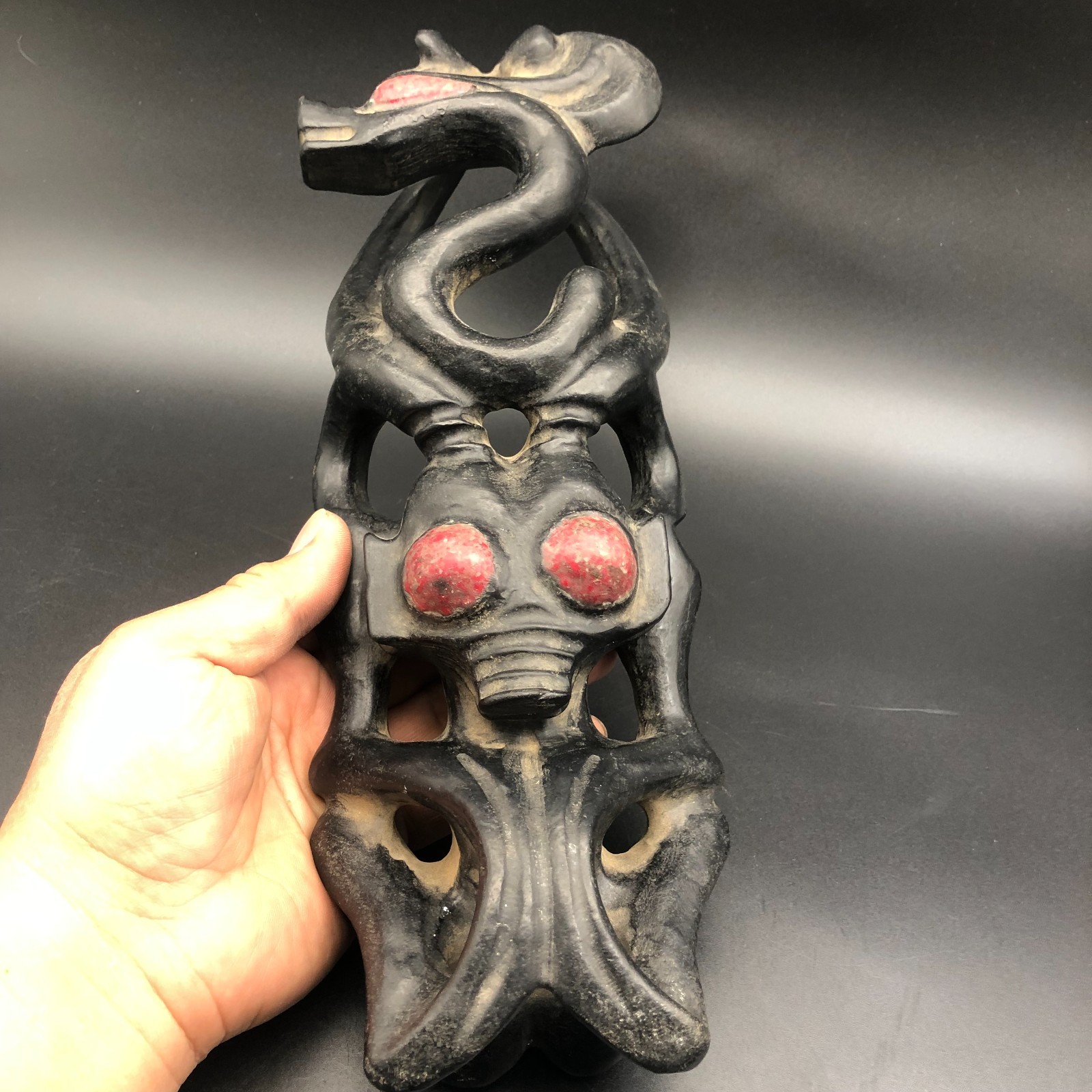 Old HongShan Culture Meteorite Jade Hand-Carved Sun God Helios&Pig Dragon Statue