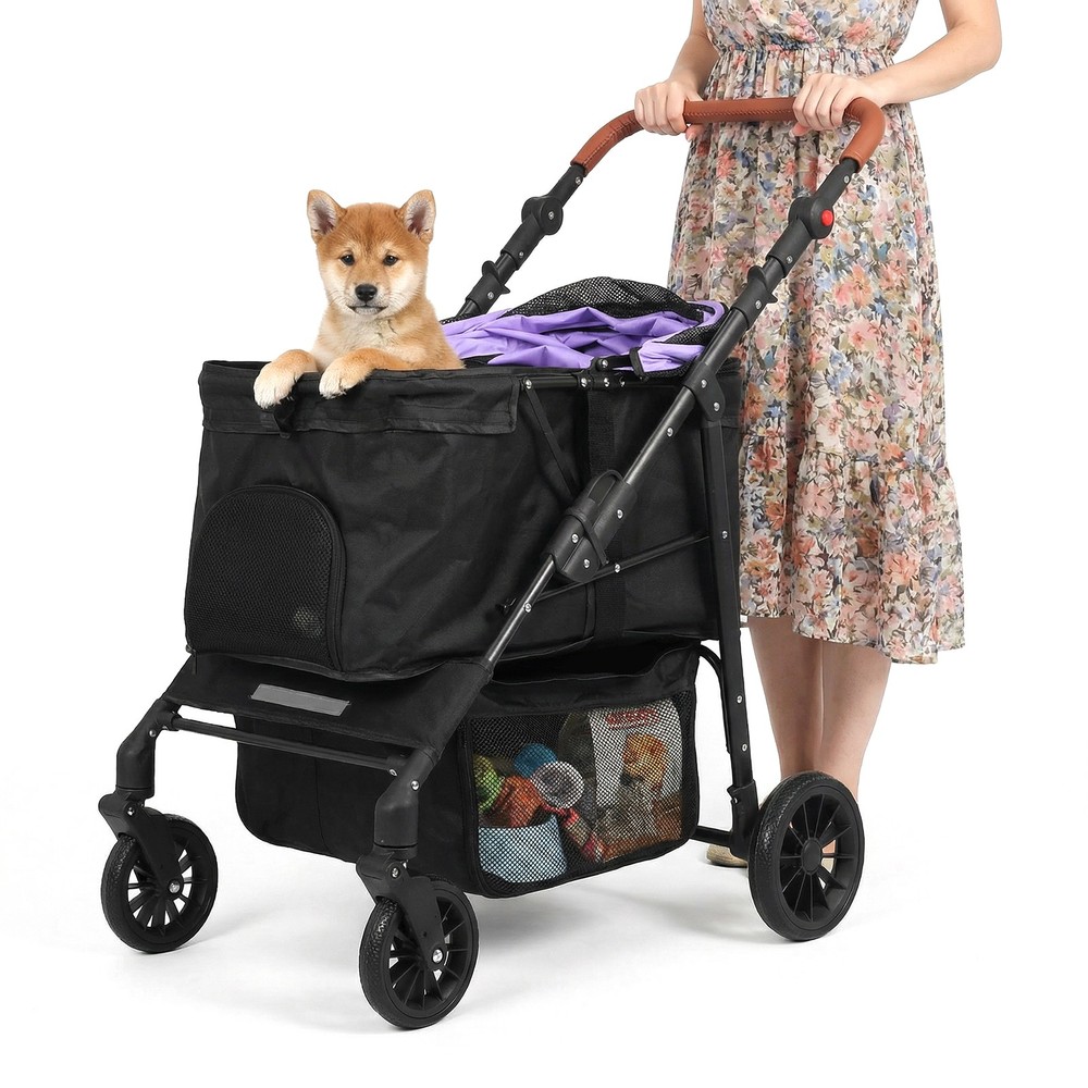 Pet Stroller Adjustable Handle Smooth-Ride Dog Stroller for Small & Medium Dogs