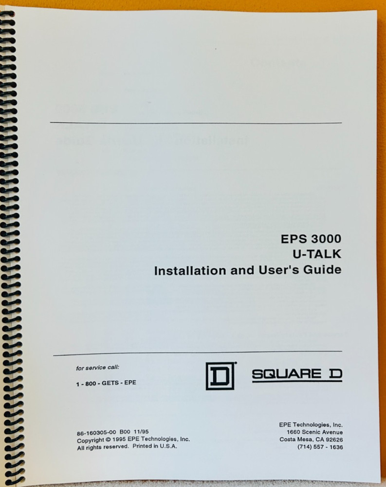 Square D 1995 EPS 3000 U-Talk Installation and User's Guide Manual.