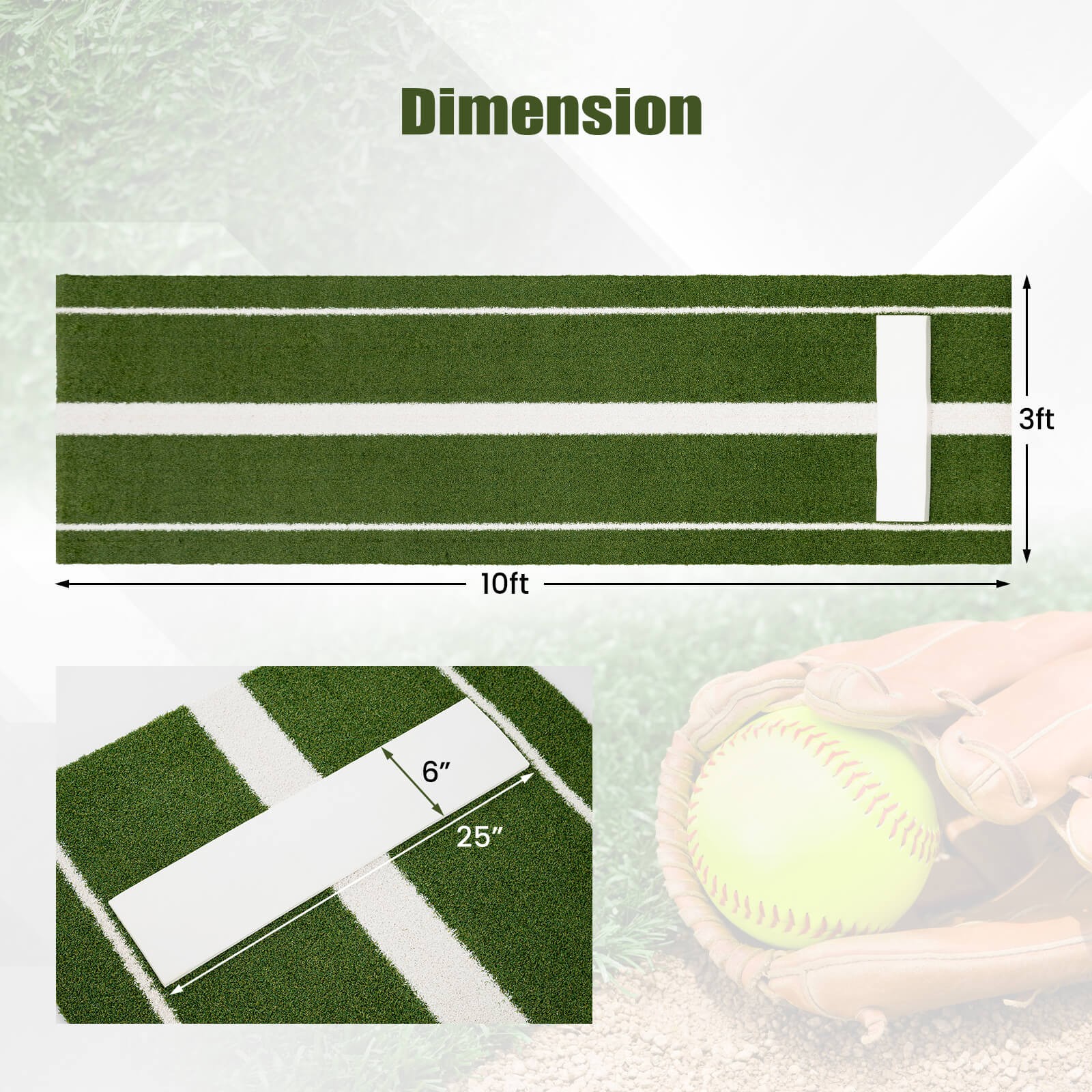 Softball Pitching Mat w/Pitching Mound, Anti-Fade Turf & Anti-Slip Foam Backing