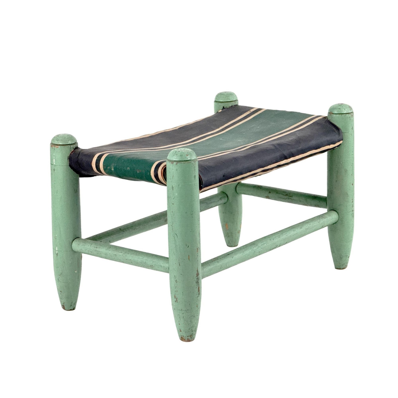 Vtg 30s Turquoise Green Painted Wooden Stool Striped Straw Stuffed Oilcloth Seat