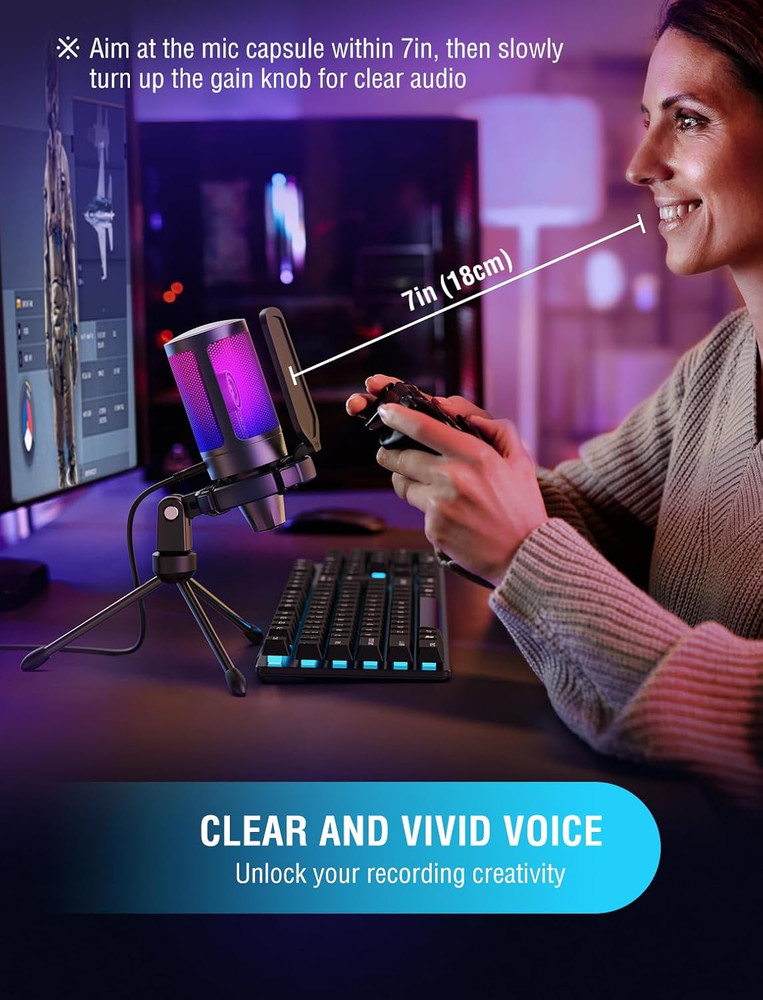 Gaming USB Microphone for PC PS5, Condenser Mic with Quick Mute, RGB Indicator,