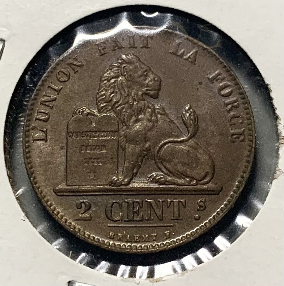 1863 Belgium 2 Centimes Lion Copper Coin