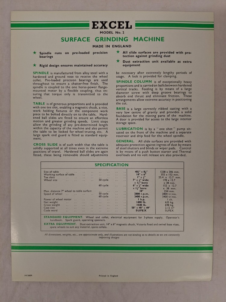 Excel Bench Precision Surface Grinder Model 2 England Bulletin Advertising Sheet