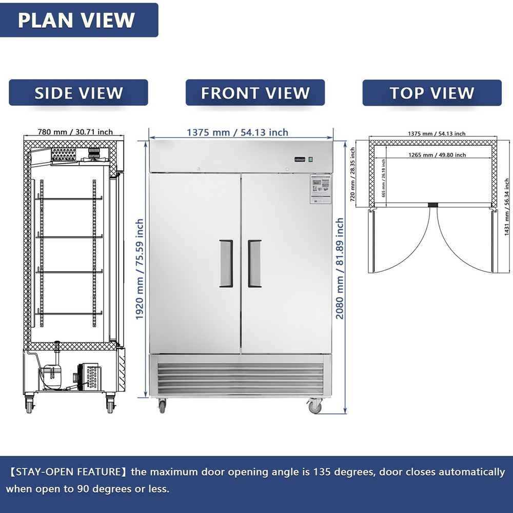 54" Commercial Merchandiser Refrigerator 2 Solid Doors 42.2Cu.ft for Restaurant