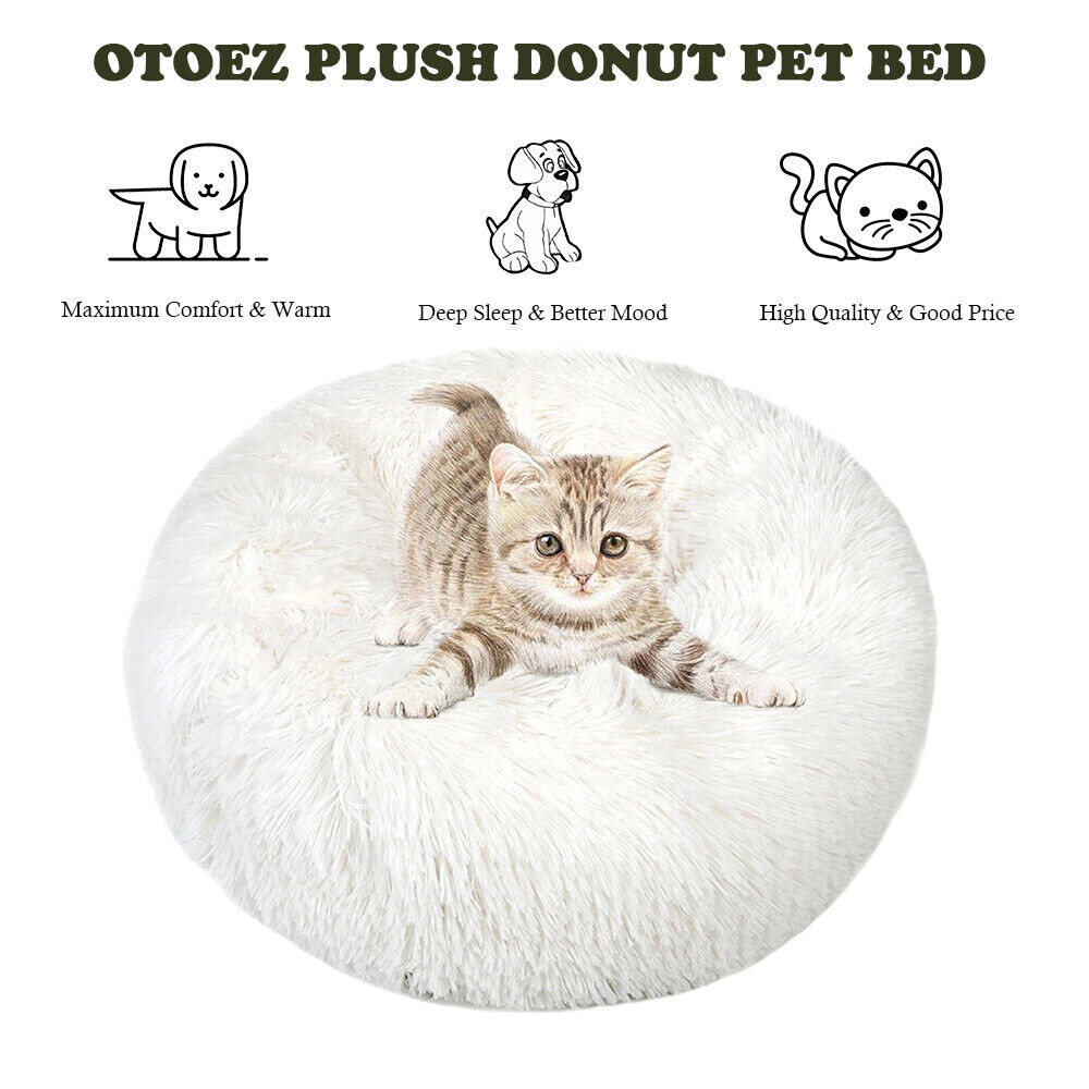 Donut Plush Pet Dog Cat Bed Fluffy Soft Warm Calming Bed Sleeping Kennel Nest