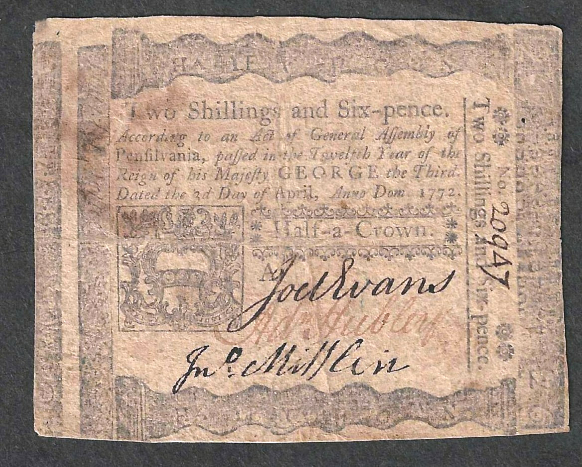 1772 PENNSYLVANIA COLONIAL 2 SHILLINGS 6 PENCE CURRENCY (1/2 CROWN) ~ FR PA-157