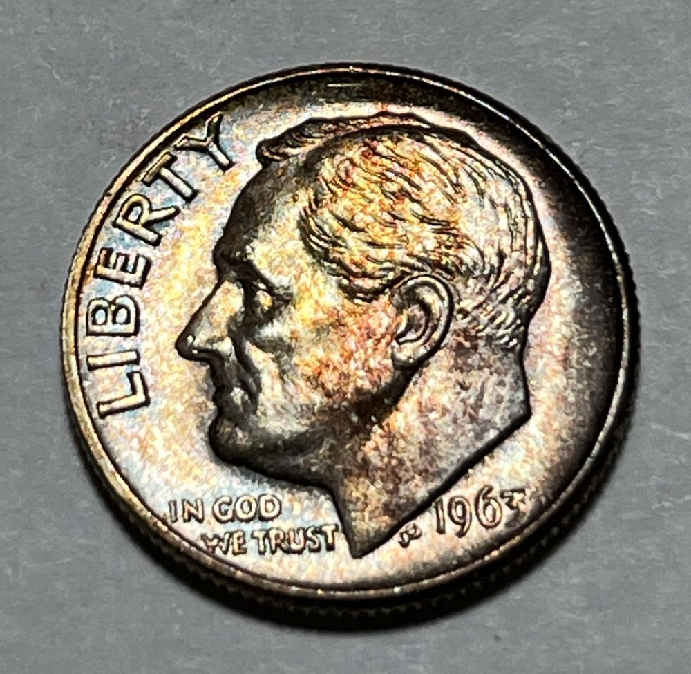 1963 Roosevelt Silver Dime Rainbow Toning Both Sides Uncirculated #2