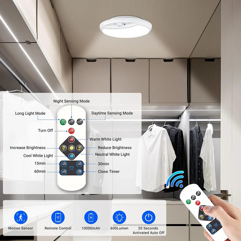 Rechargeable Motion Sensor Ceiling Light with Remote,Battery Powered Wireless Sh
