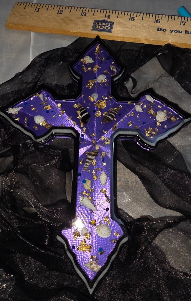 Handmade Cross Wall Decor 9x6+ GITD Goldflake & Seashells Authentic Gift W/Drape