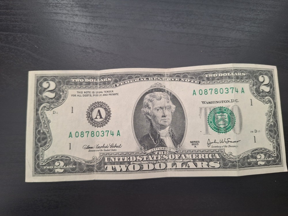2003 Series A $2 Bill- Serial # Starts With Zero