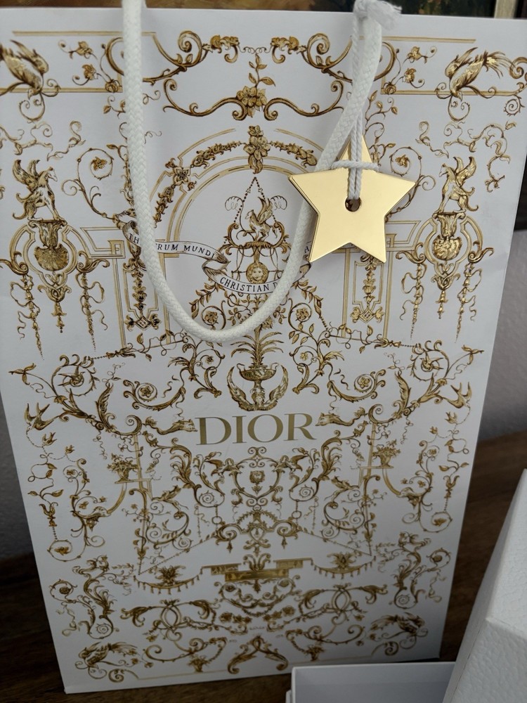 Dior Authentic Ornate White Gold Gift Box Set, Bag Ribbon Star Charm Rectangular