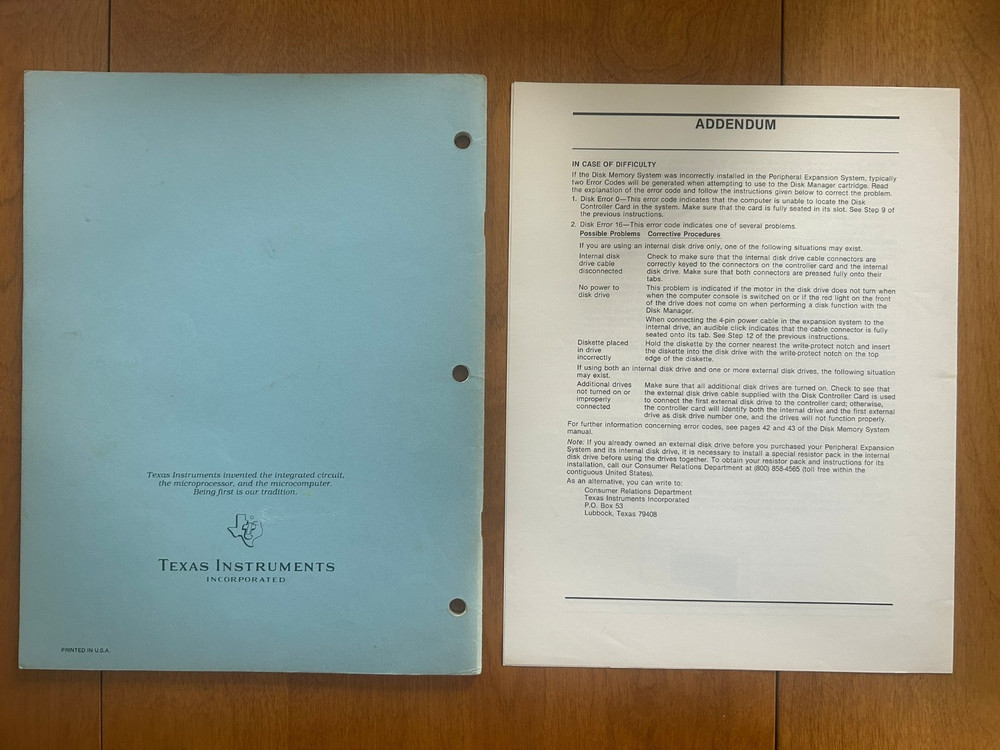 Vintage 1983 TI Disk Memory System Model No. PHP1240 Manual