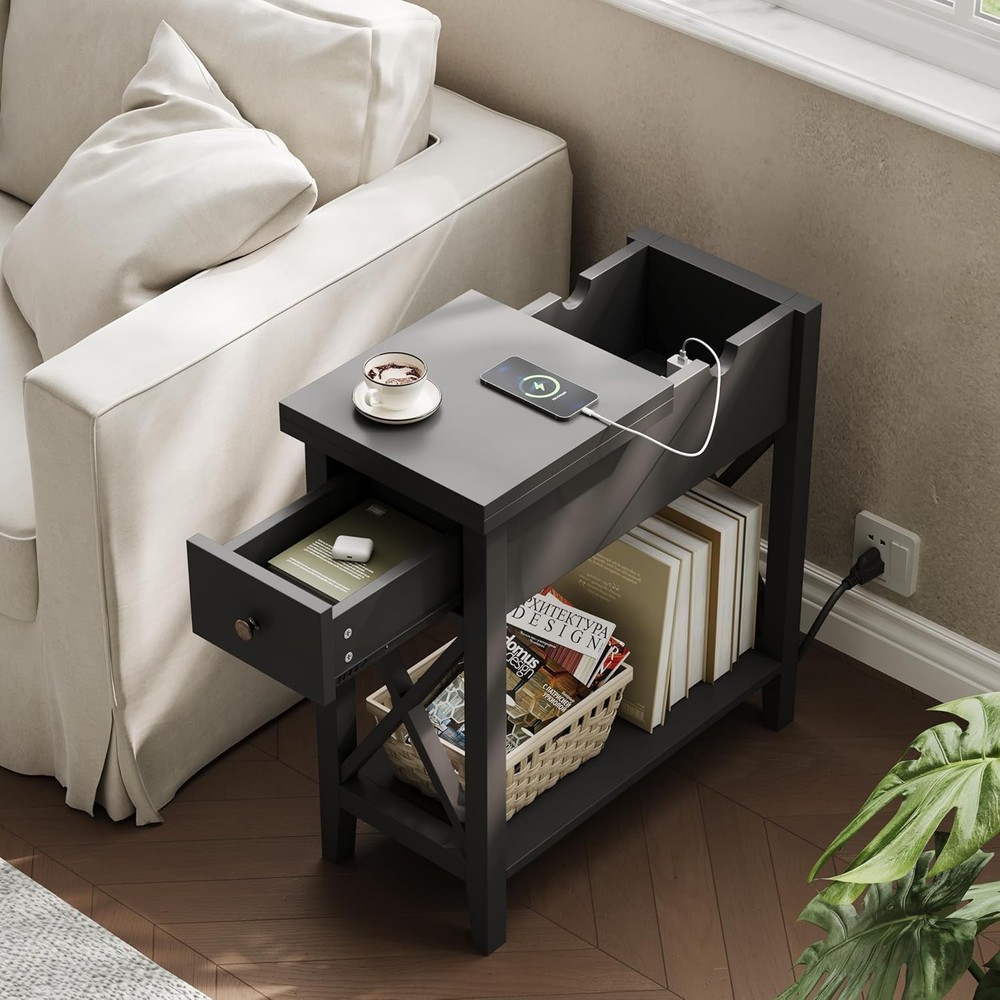 ChooChoo End Table with Charging Station, Narrow Side USB Black