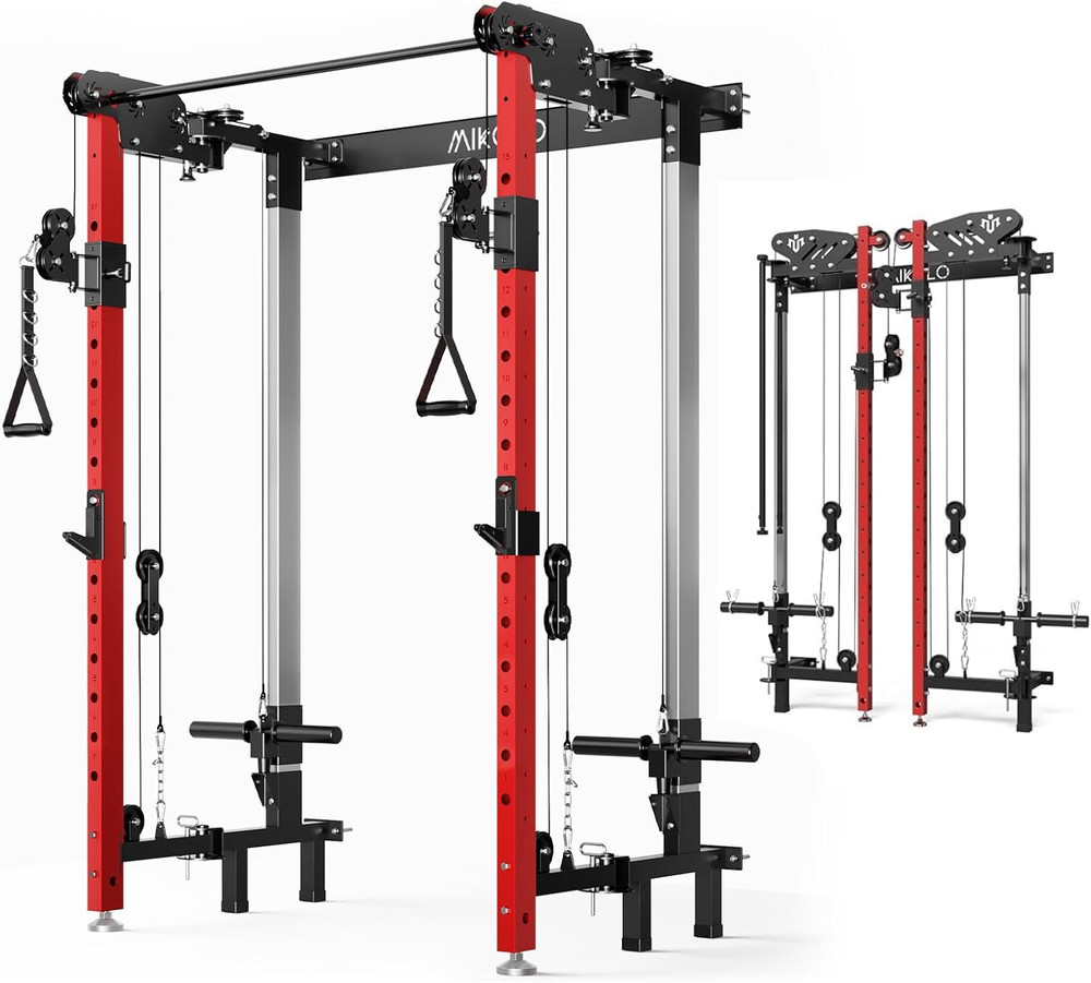 Mikolo Folding Squat Rack, Wall Mounted Power Rack with Cable Crossover Machine
