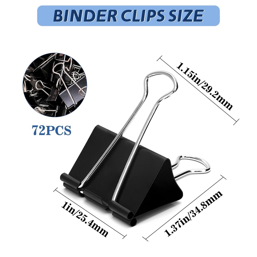 Medium Binder Clips, 72Pack, 1Inch, Black Paper Binder Clips, Medium P