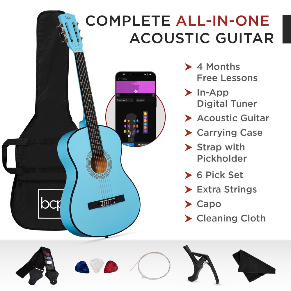 38in Beginner Acoustic Guitar Set, Light Blue, Case, Strap, Extra Strings, BCP
