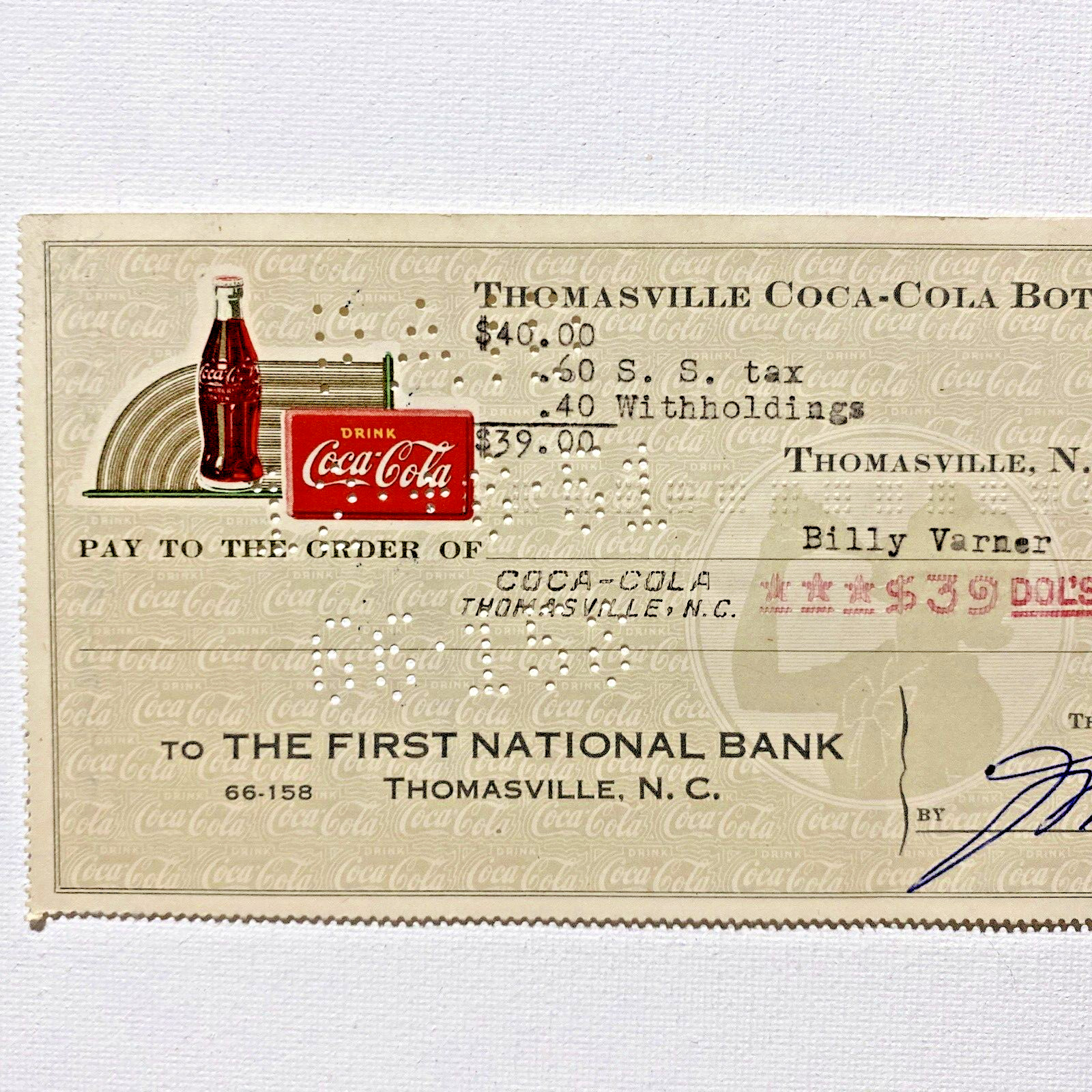 1951 Coca-Cola Bottling CO Coke Canceled Check Thomasville, N.C. National Bank.