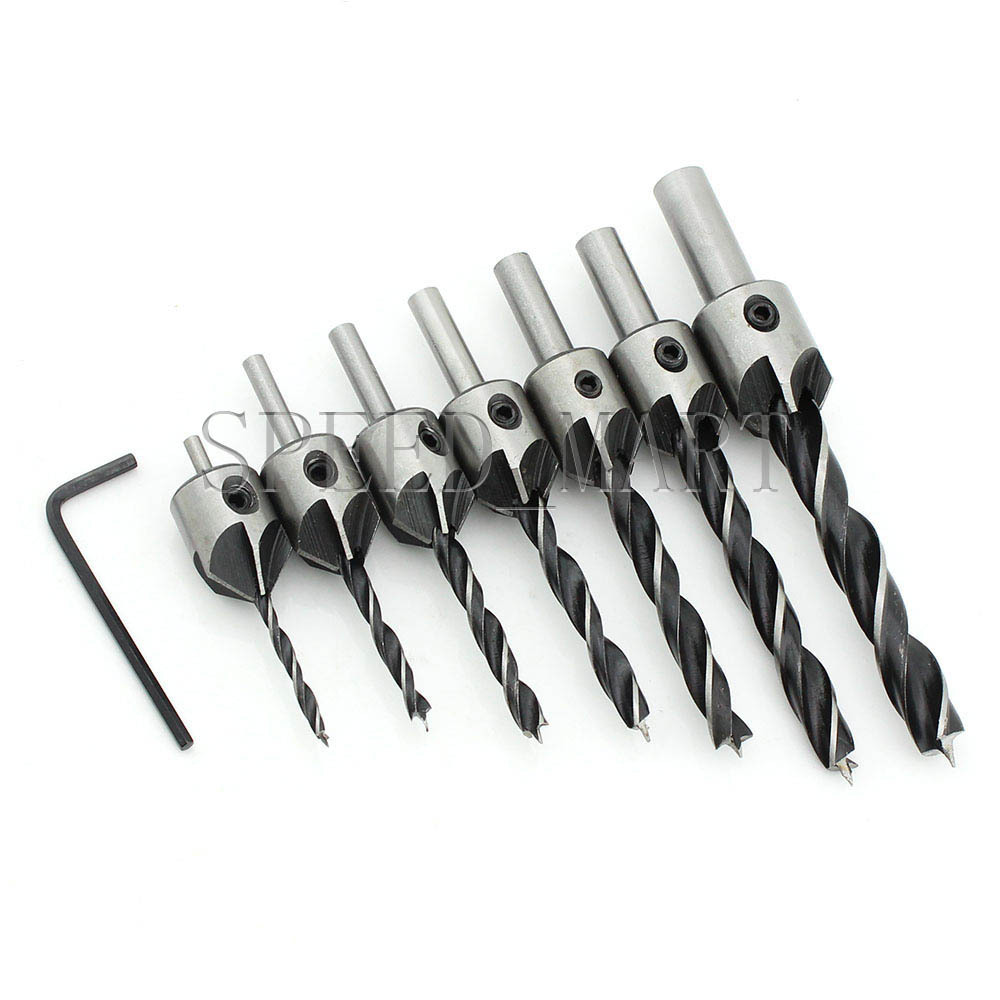 7pcs HSS 5 Flute Countersink Drill Bit Set Screw Woodworking Chamfer Tool 3-10mm