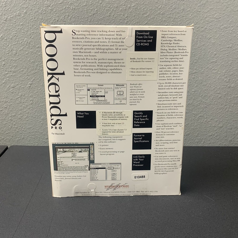 BookEnds Pro Macintosh OPEN BOX Manage Your References Westing Software 1994
