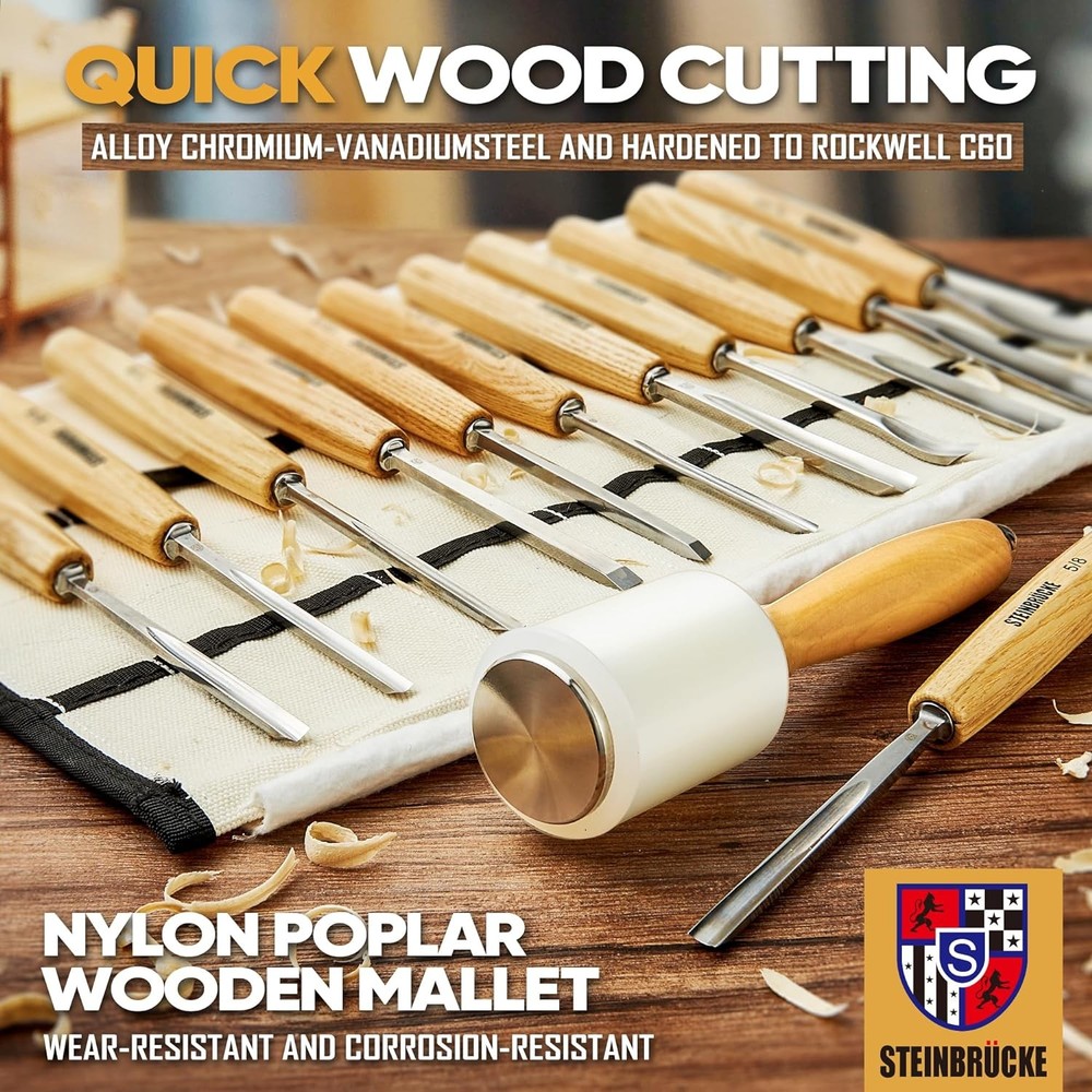 Wood Carving Chisel Set 12PCS Gouges & Mallet with Canvas Bag for Woodworking