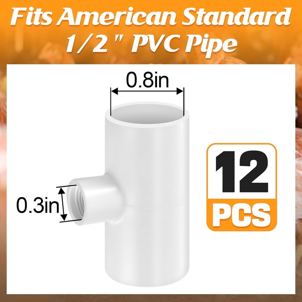 12 Pack Chicken Waterer PVC Tee Fittings - Fully Automatic for Threaded Chick...