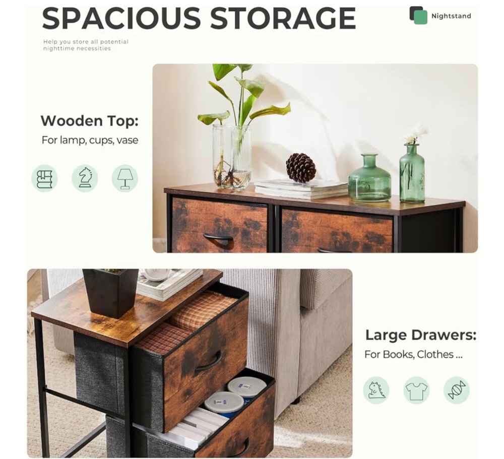 2-Drawer Nightstand Set with Fabric Bins – Rustic Brown Compact Bedside Tables