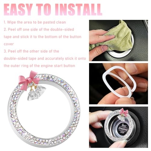 Car Push Start Button Cover Ring, Engine Start Button Cover, Cute Bow Bling Ab