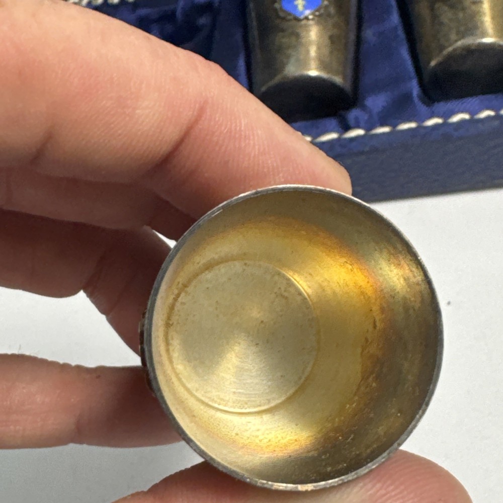 VTG GERMANY SET 8 GERMAN CITY COAT OF ARMS SILVER PLATE SHOT GLASS CUPS W/ CASE