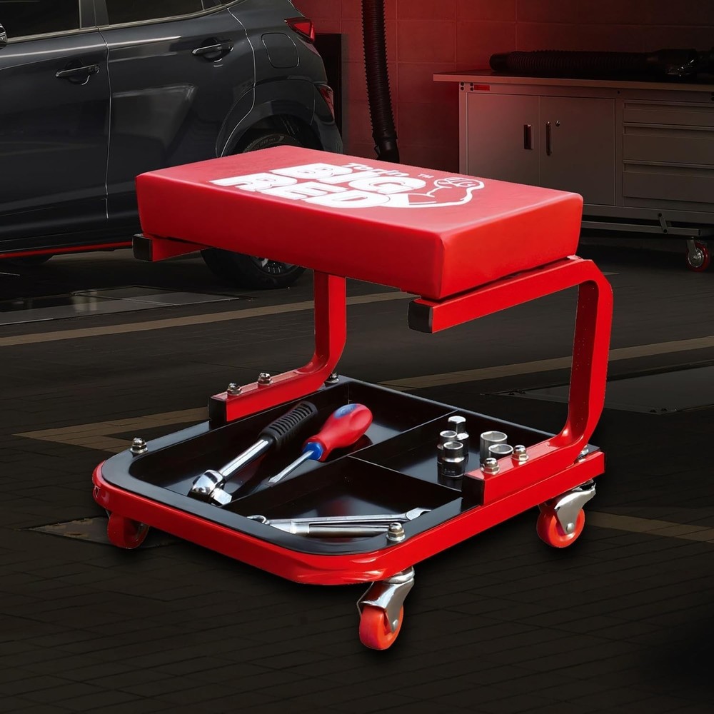 Red Rolling Automotive Creeper Seat with Tool Tray