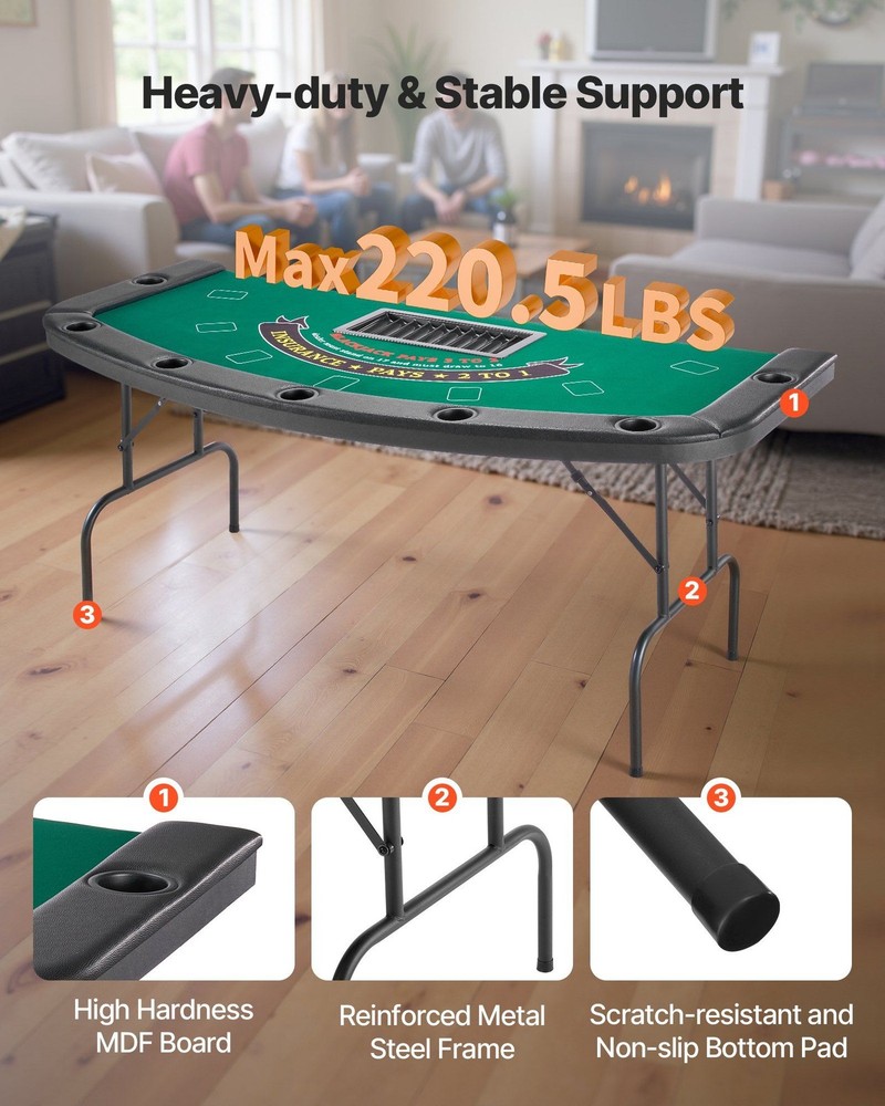72in Foldable 7-Player Poker Table Semi-Oval Shape Felt Top Waterproof Padding