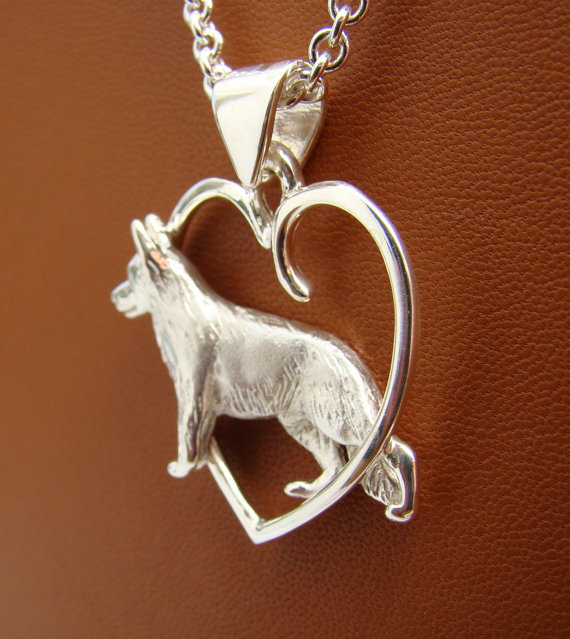 Large Sterling Silver German Shepherd Standing Study Through A Free Form Heart