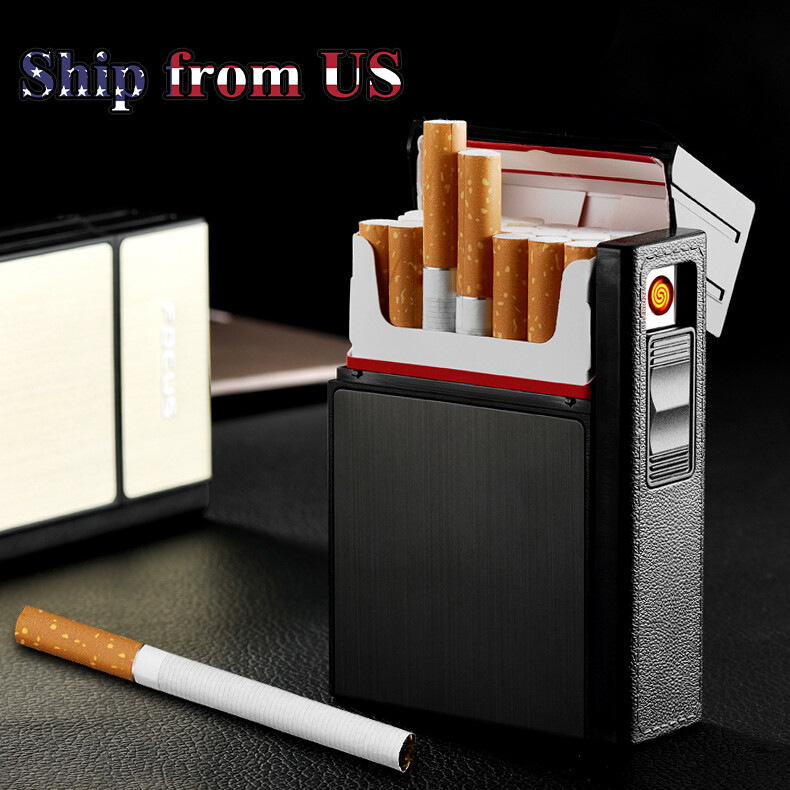 Cigarette Case with Lighter Holder for 20 Cigarettes Windproof USB Rechargeable