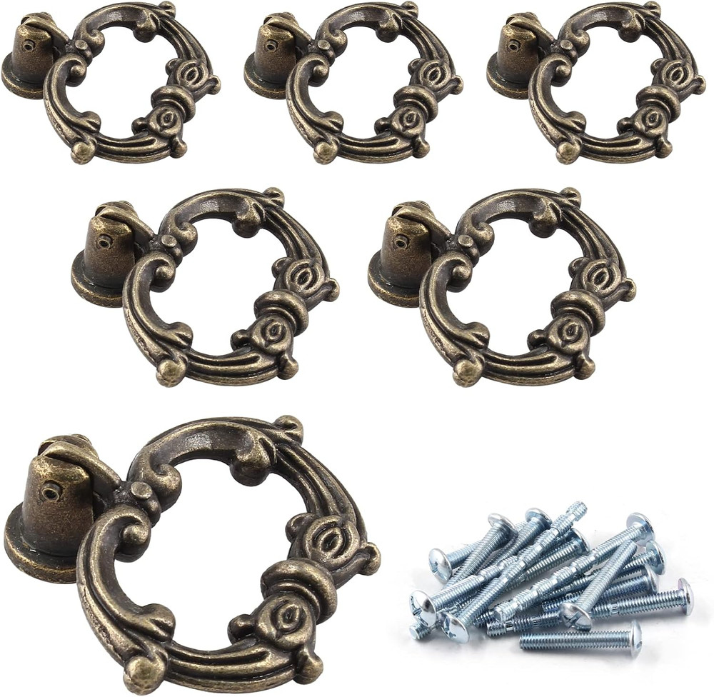 6 Pcs Antique Bronze Drop Ring Drawer Pulls, Vintage Cabinet Pull Handles, Small