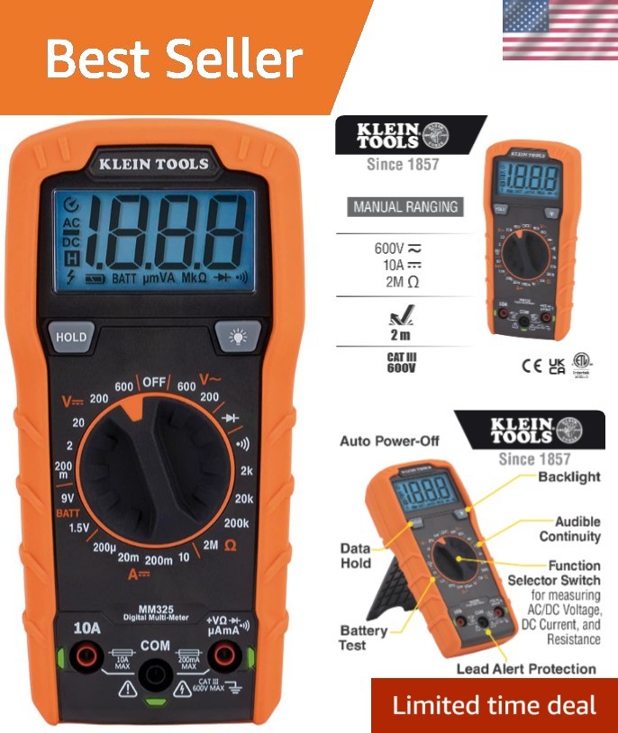 Battery-Powered Digital Multimeter with Backlit Display & Lead Alert Features