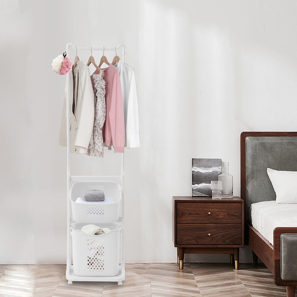 Rolling Laundry Basket Bathroom Kitchen Clothes Storage Shelf Multi-layer Stand