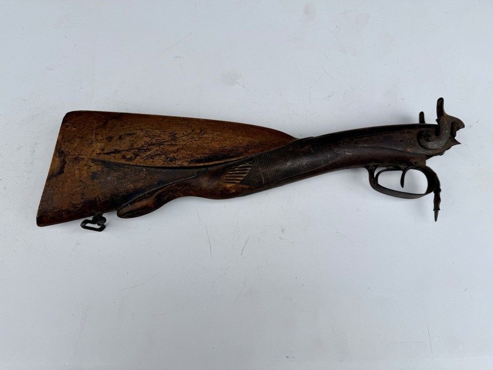 19thC Percussion Cap Muzzle Loading Double Barrel Carved Stock & Trigger PARTS