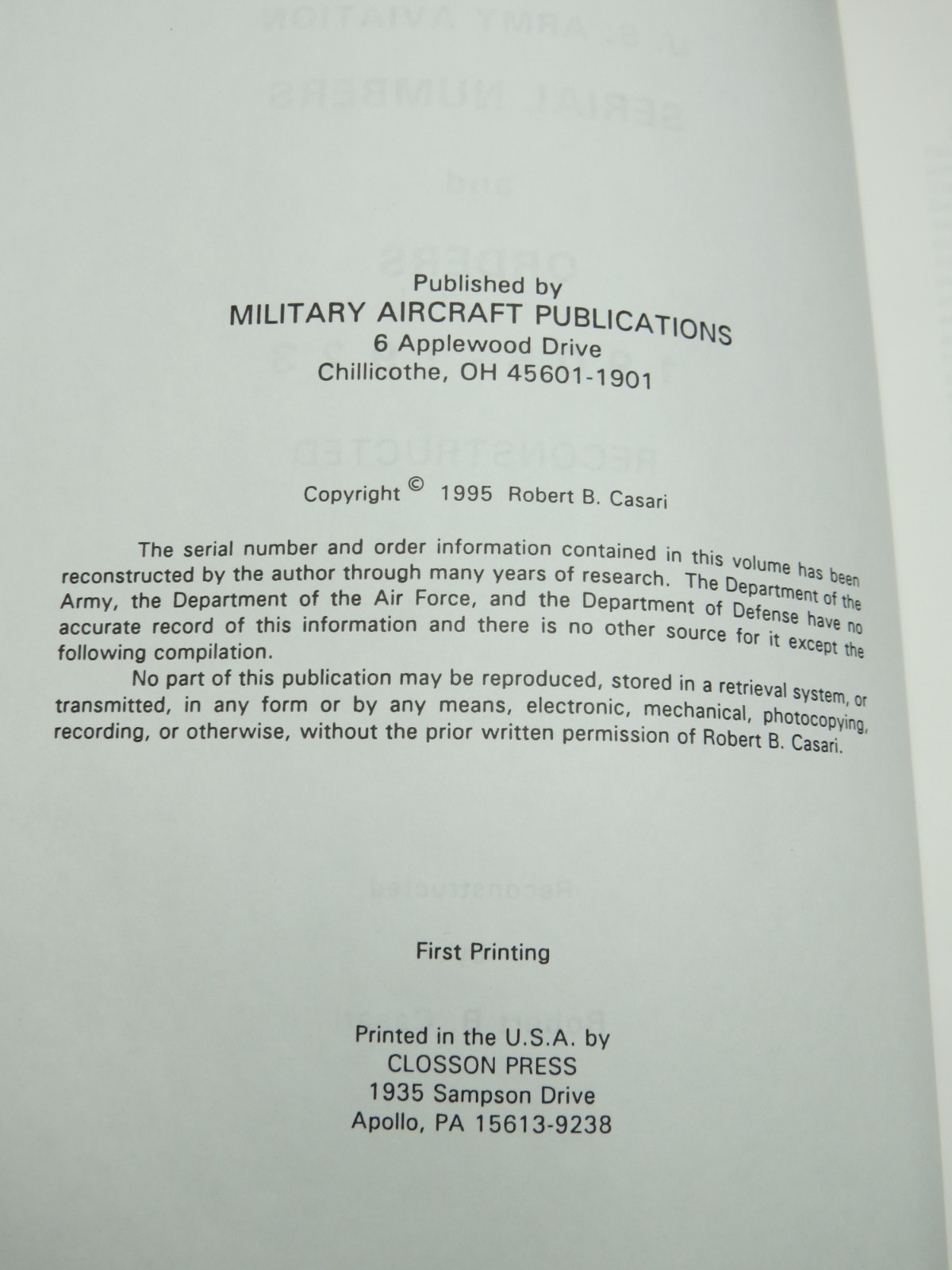 Rare Book: U.S Army Aviation Aircraft & Engine Serial Numbers & Orders 1908-1923