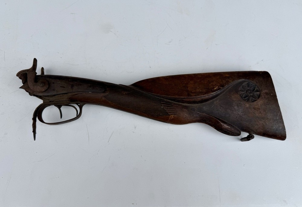 19thC Percussion Cap Muzzle Loading Double Barrel Carved Stock & Trigger PARTS
