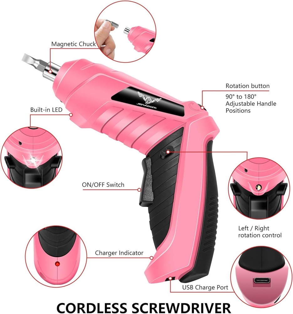 Stylish 3.6V Pink Cordless Screwdriver with 14 Bits & LED Light - Efficient Tool