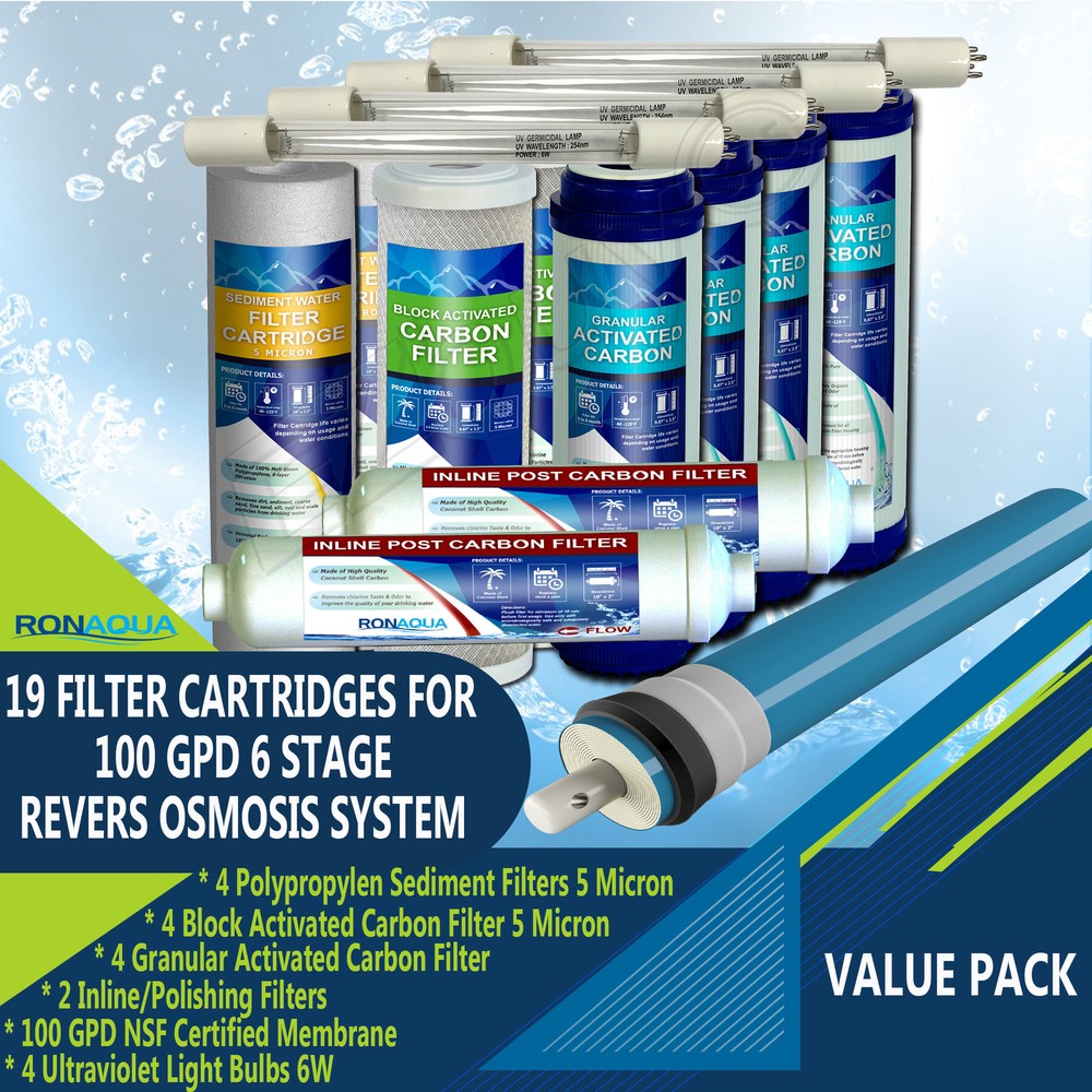 Replacement Water Filter for 6 Stage UV Reverse Osmosis System 19pcs Set