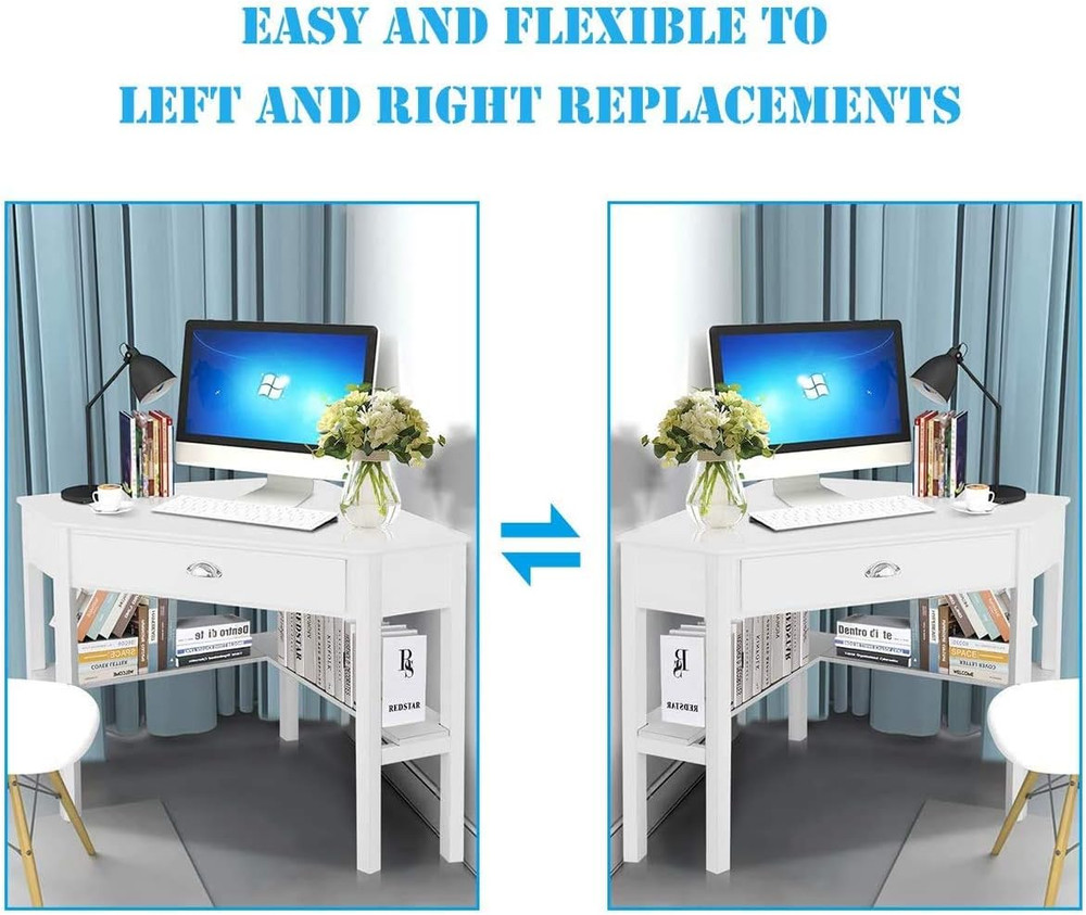 White Corner Desk, Triangle Corner Computer Desk for Small Space, Compact Writin