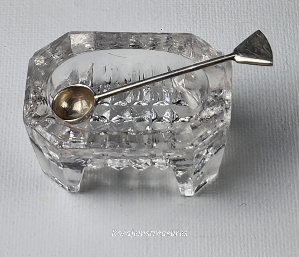 Vintage Open Footed Crystal Salt Cellar (Rectangular) with 925 Silver Spoon