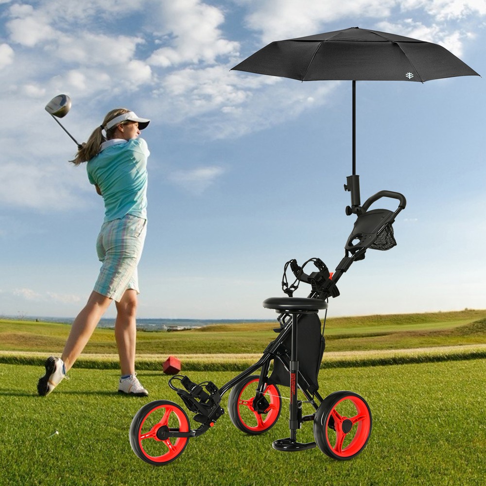 3-Wheel Foldable Golf Push Pull Cart Trolley w/ Seat Adjustable Handle Red