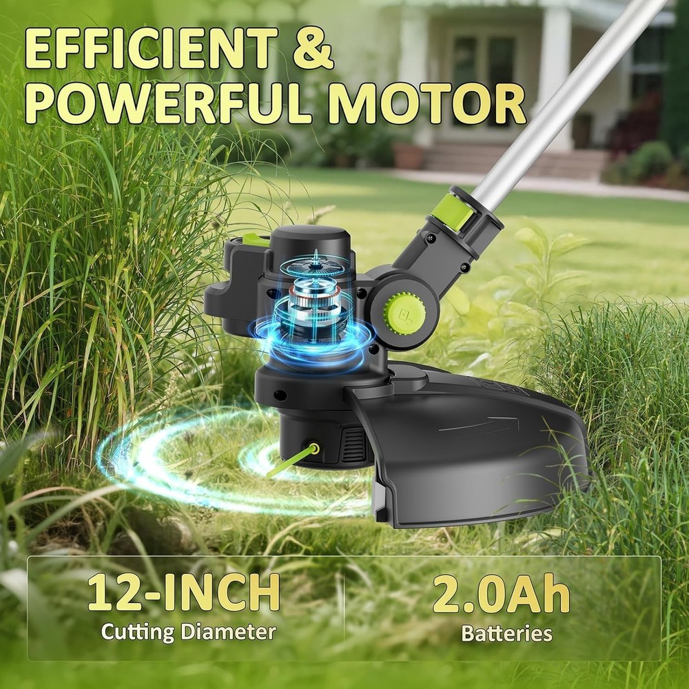 Powerful 12” String Trimmer with Auto Line Feed - Includes 2 Batteries & Charger