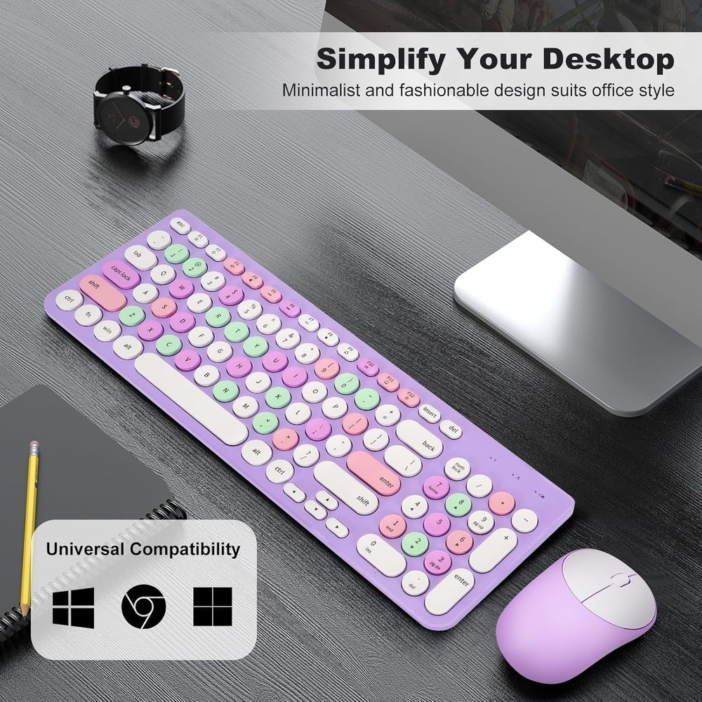 Wireless Keyboard and Mouse Combo, Retro Typewriter Keyboard with Round Keycaps