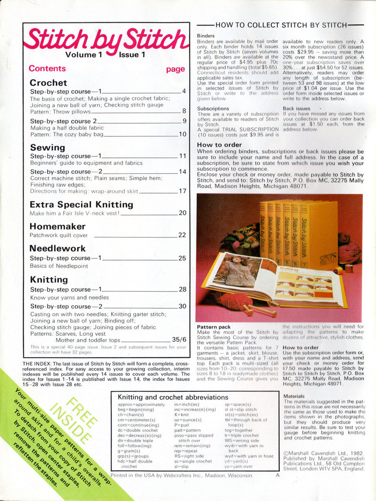 Stitch by Stitch Issue 1 Sewing Knitting Crochet Needlework Missing Pattern Shee