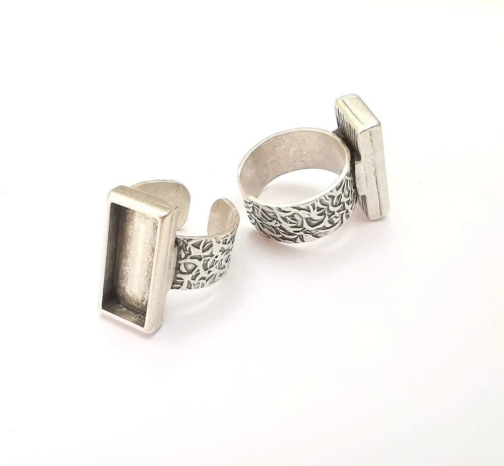 Rectangle Antique Silver Ring Blank Settings, Cabochon Mounting Adjustable Resin