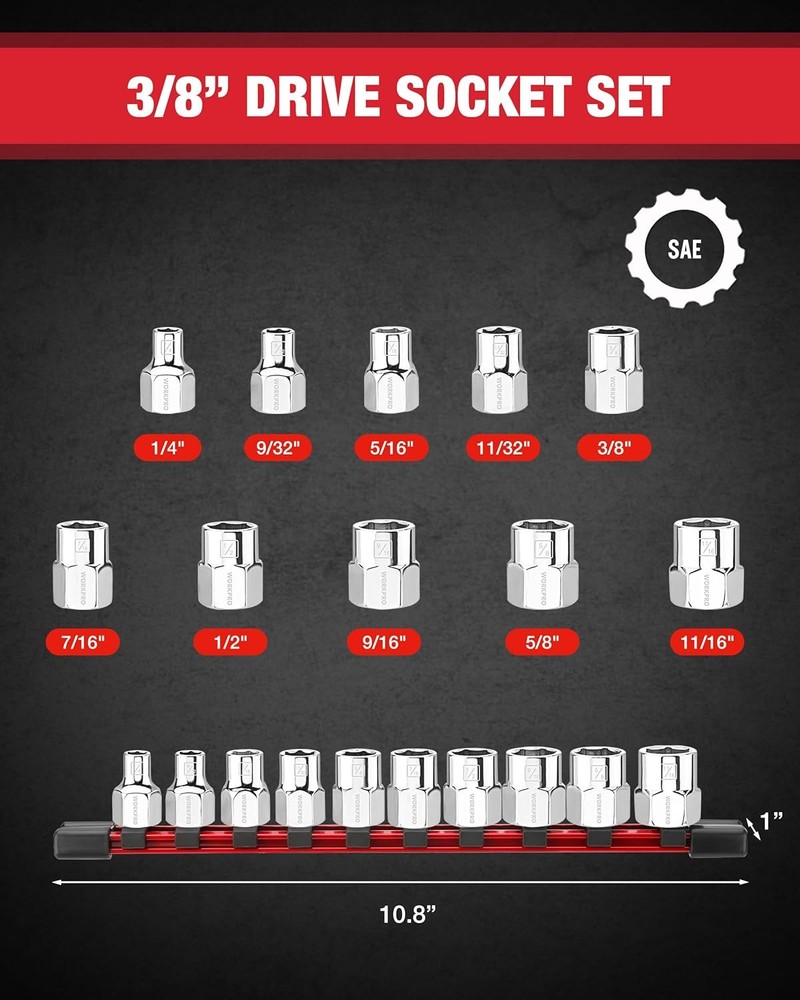 WORKPRO 10PC 3/8" Dr Socket Set Standard & Shallow Socket & Socket Organizer SAE