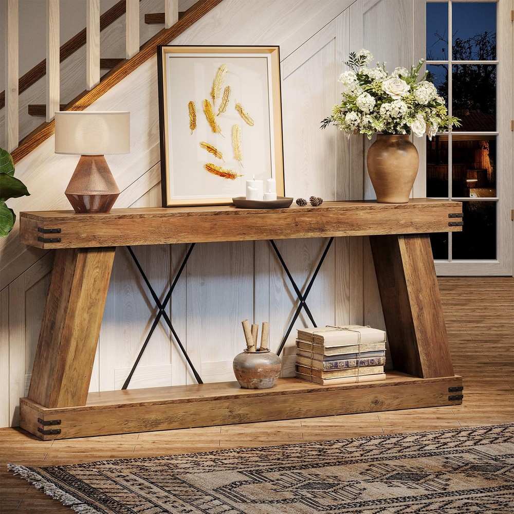 70.9" Farmhouse Console Table, Long Sofa Table Behind Couch with Storage, Nar...